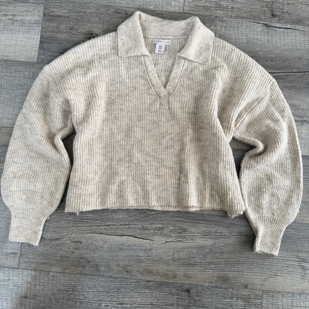 Sincerely Jules Sweater Womens Medium Beige Heathered Collared Pullover Cropped